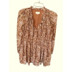 Melloday‎ brown paisley ruffle blouse Peasant Boho style semi lined sheer Small